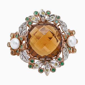 Ring aus Roségold und Silber mit Hydrothermalem Topas, Smaragden, Diamanten und Perlen, 1960er
