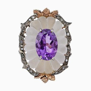 Rose Gold and Silver Ring with Crystal, Hydrothermal Amethyst and Diamonds, 1960s