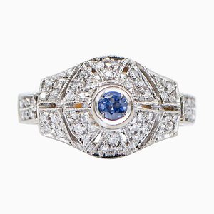 18 Karat Yellow and White Gold Ring with Sapphire and Diamonds, 1950s
