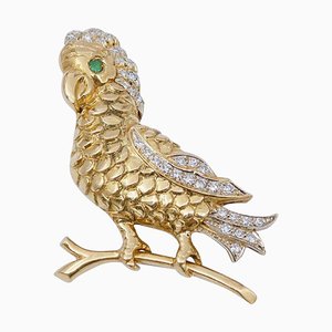 Spilla a forma di uccello in oro giallo e bianco a 18 carati con smeraldo e diamanti, anni '50
