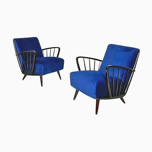 Set of Danish Armchairs in Dark Blue Velvet and Wood, 1960s