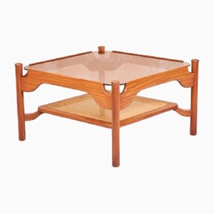 Square Teak Coffee Table with Rattan Lower Tier and Floating Smoked Glass Top by Guy Rogers, 1960s
