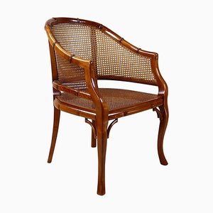 Mid-Century Faux-Bamboo Caned Barrel Armchair in Carved Walnut, France, 1970s