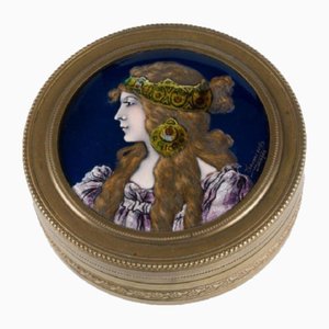 Scatola Art Nouveau con profilo di donna in metallo smaltato di Thoumieux, inizio XX secolo