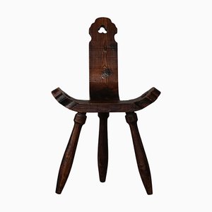 Antique French Wooden Carved Tripod Chair in Wabi Sabi Style, Early 20th Century