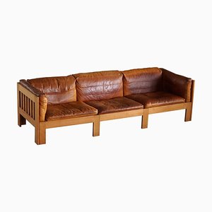 Mid-Century Danish Sofa in Patinated Leather with Oak Frame attributed to Tage Poulsen, 1962