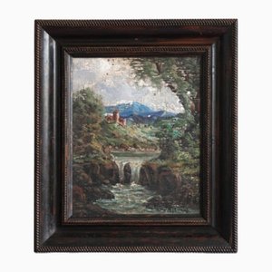 Abraham Huysmans, Scuola francese, Lago di montagna con castello, Olio su tela su pannello, Incorniciato