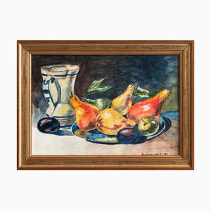 French School, Still Life with Fruits and Ceramic Jug, 1980, Watercolour