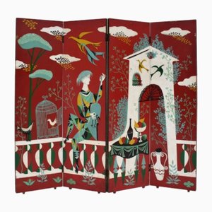 Hand-Painted Screen in Oak, France, 1950s
