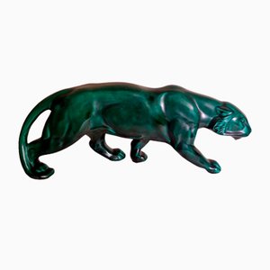 Französischer grüner glasierter Art Deco Panther aus Keramik im Stil von Saint Clement, 1930