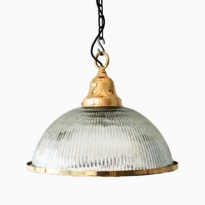 Dome Suspension Light in Striated Glass and Brass