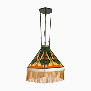 Art Deco Copper & Printed Glass Pendant Lamp attributed to the Amsterdam School, 1920s
