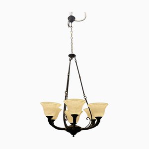 Lámpara de araña vintage grande de bronce de cristal de Murano, años 60