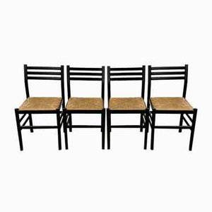 Black Dining Chairs with Paper Cord Seats, 1970s, Set of 4