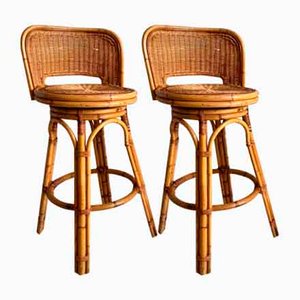 Wicker & Bamboo Handwoven Rotating Stools, 1950s, Set of 2