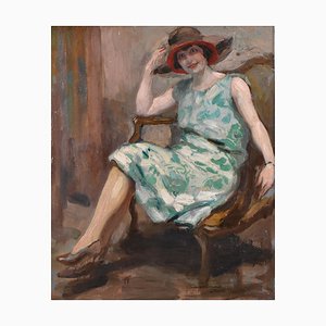 Seated Young Woman in Green Dress, 1925, Oil on Canvas, Framed