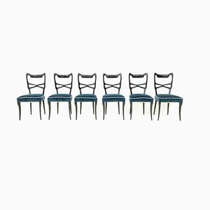 Blue Velvet Dining Chairs in the Style of Ulrich, Italy, 1950s, Set of 6