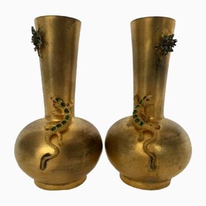19th Century Bronze Salamander Stones Miniature Vases, Set of 2