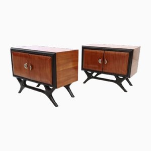 Walnut and Ebonized Wood Nightstands with Brass Handles, Italy, 1950s, Set of 2