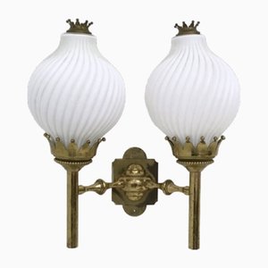 Large 2-Light Opaline Glass and Brass Sconces from Arredoluce, Italy, 1950s