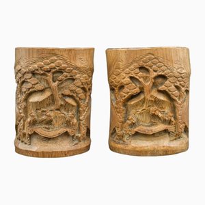 Vintage Chinese Hand Carved Bamboo Dry Flower Vases, 1930s, Set of 2