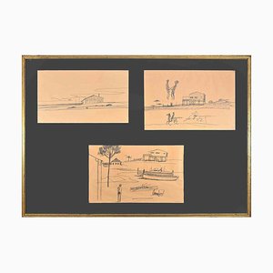 Brunello Serena, tríptico de bocetos, pluma sobre papel, mediados del siglo XX, enmarcado
