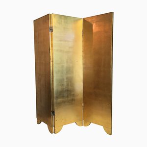 Mid-Century English Three-Fold Wooden Screen with Gold and Silver Leaf, 1970s