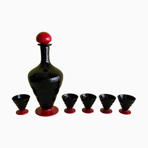 Art Deco Liqueur Set in Black and Red Murano Glass, 1930s, Set of 6