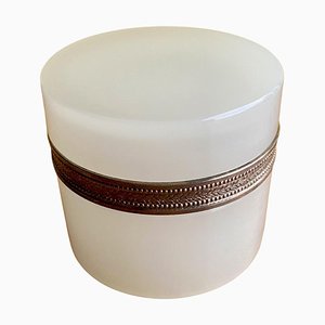 White Lidded Murano Glass Box with Silvered Decorated Rim, 1950s
