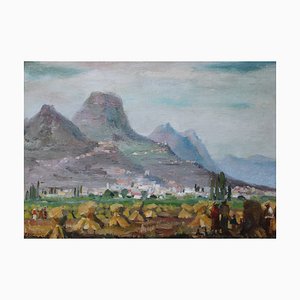 Julijs Vilumainis, paisaje con montañas, sur de Francia, óleo sobre cartón sobre lienzo, años 70