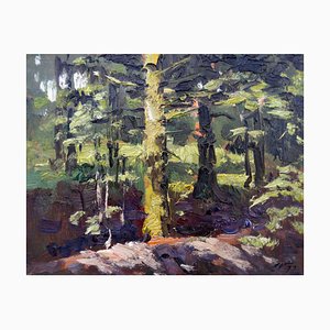 Edgars Vinters, Día soleado en el bosque, 1977, óleo sobre cartón