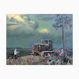 Jekabs Bine, Afternoon, Workers with Tractor by the River, Huile sur Toile