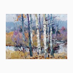 Edgars Vinters, Birches in Autumn, 1986, Oil on Cardboard