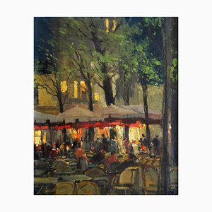 Serge Kislakoff, Terraza del restaurante al atardecer en Montmartre, París, años 50, óleo sobre lienzo