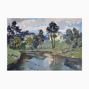 Harijs Veldre, Summer Landscape at the River, 1958, Oil on Cardboard