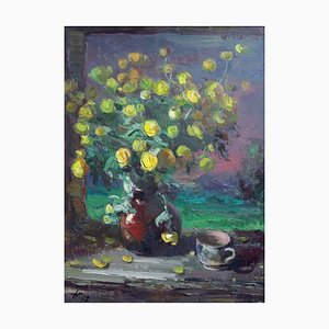 Julijs Vilumainis, Flores amarillas en jarrón, 1947, óleo sobre contrachapado