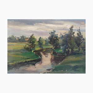 Harijs Veldre, Landscape with a River, 1947, Oil on Cardboard