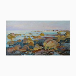 Julijs Vilumainis, Rocky Seashore, Abendsonne, 1954, Öl auf Karton