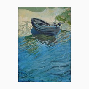 Alvis Zemzaris, Boat on the River Bank, Oil on Cardboard