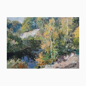 Edgars Vinters, Landschaft mit dem Fluss, 1992, Öl auf Karton