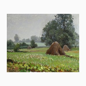Alfejs Bromults, Landscape with Haystacks, 1979, Oil on Canvas and Cardboard