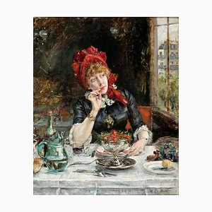 Eduardo Leon Garrido, Girl in Restaurant in Paris, 19th Century, Oil on Wood