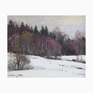 Alfejs Bromults, Forest Edge at Winter, 1983, Oil on Cardboard