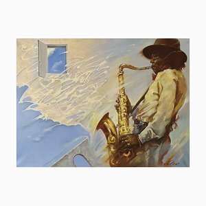 Vadim Kovalev, Jazz, Mann mit Saxophon, Öl auf Leinwand