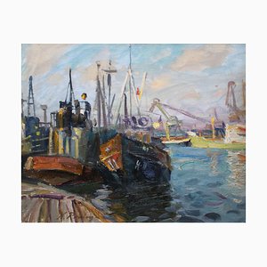 Nikolajs Breikss, Ships in Port, años 60, óleo sobre cartón