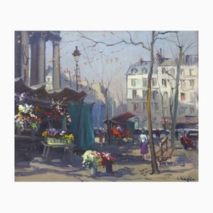 Constantine Kluge, Flower Market in Front of the Madeleine in Paris, Oil on Canvas, 1950s