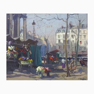 Constantine Kluge, mercado de flores frente a la Madeleine en París, óleo sobre lienzo, años 50