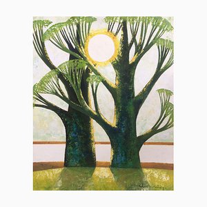 Laimdots Murnieks, Dos árboles y el sol, 2002, óleo sobre cartón