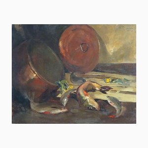 Oto Plader, Bodegón con pescado y cacerola, 1928, óleo sobre lienzo