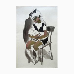 Gunars Vindedzis, A Girl with a Child, 1969, Tinta y acuarela sobre papel